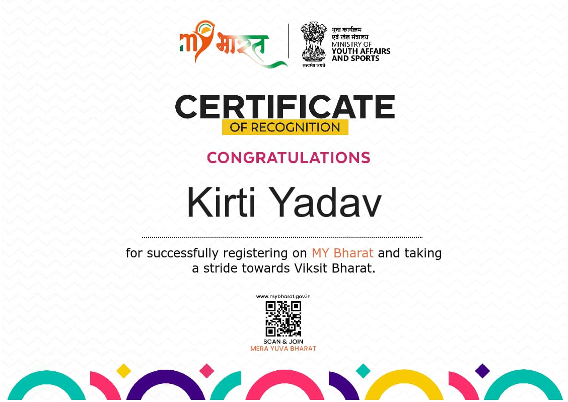 Kirti Yadav MY Bharat certificate of recognition