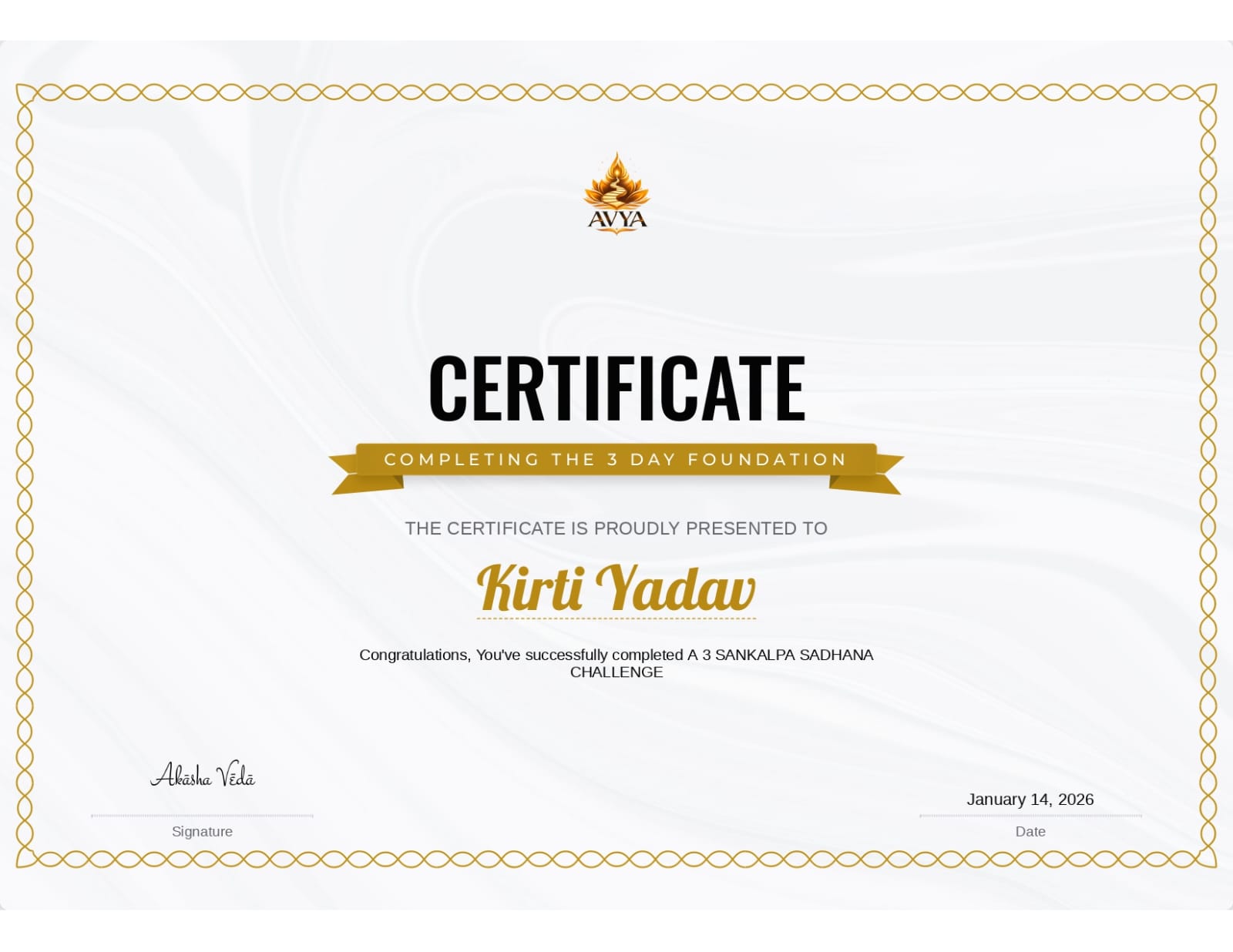 Kirti Yadav Sankalpa Sadhana Foundation certificate
