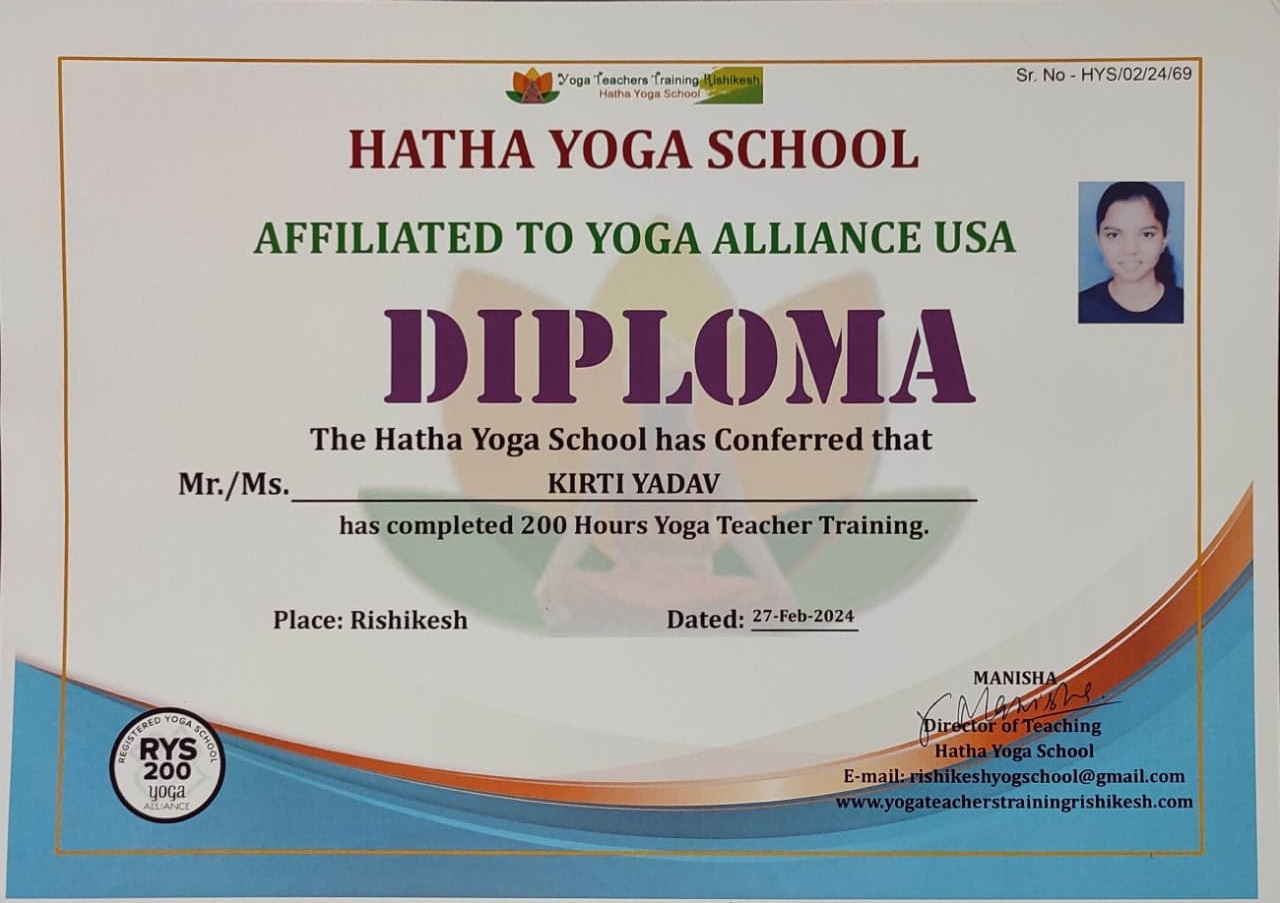 Kirti Yadav 200-hour yoga teacher training certificate